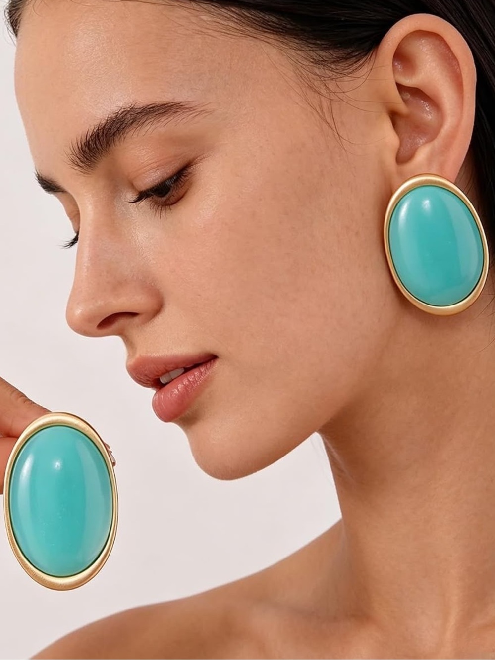 Anthropologie Color Gold-Edged Turquoise Oval Clip Earrings